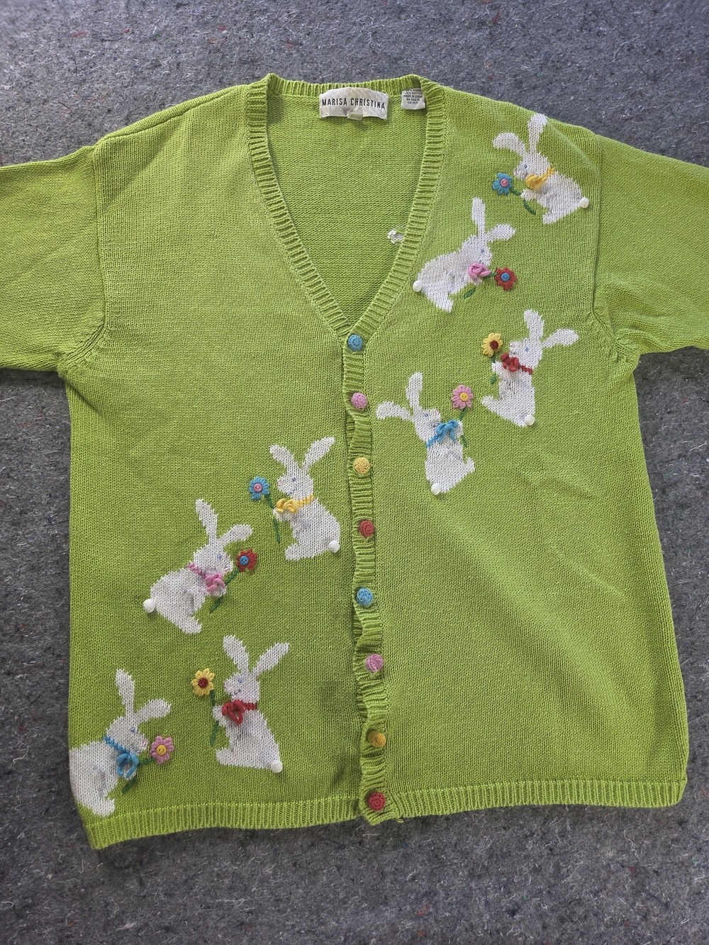 Vintage Marisa Christina Bunny Rabbit Cardigan Women M Ramie Cotton Easter 90s